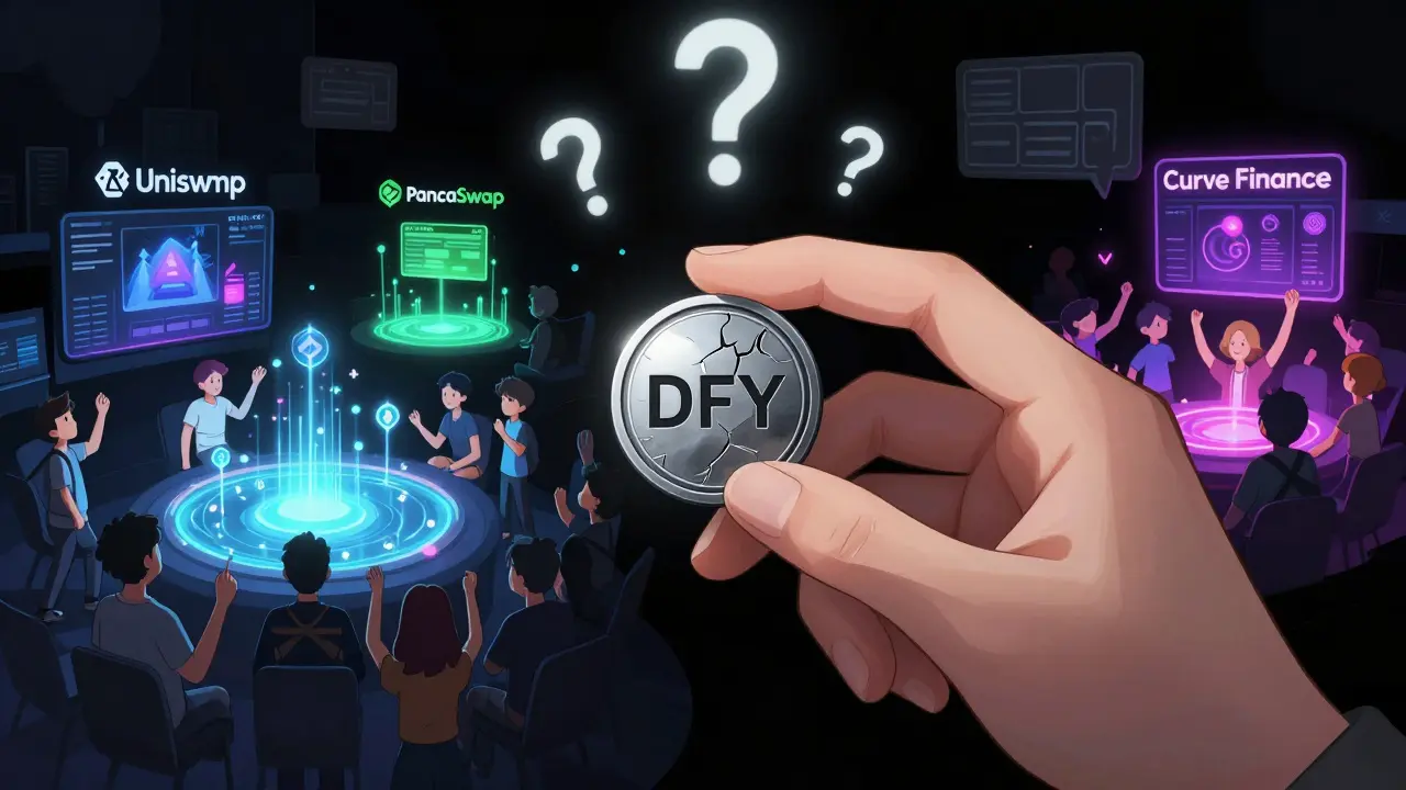 Une main tenant un jeton DFY éteint, tandis que d'autres DEX brillent vivement dans le fond.