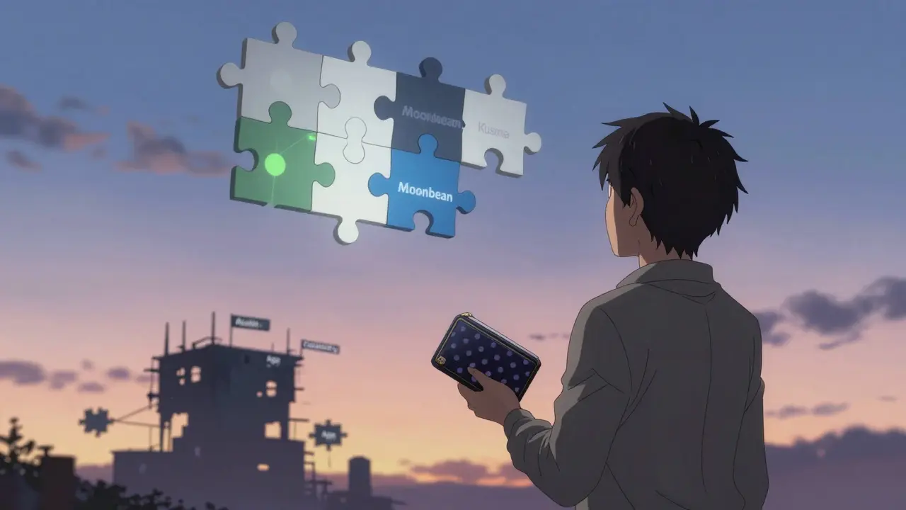 Une personne contemple un puzzle de blockchains Polkadot qui s'assemble, un DEX inachevé au loin.