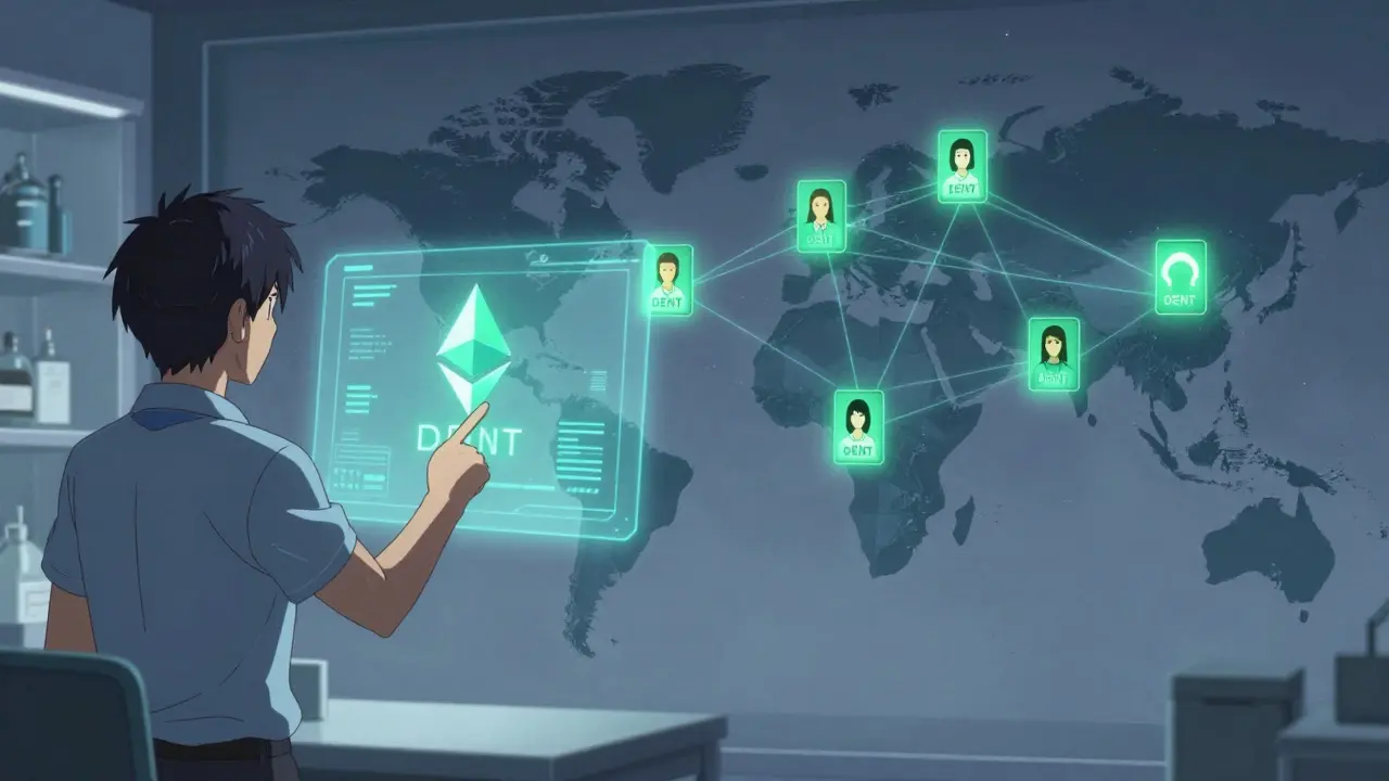 Une représentation animée de la blockchain Ethereum et d'un réseau mondial d'échanges de données DENT.