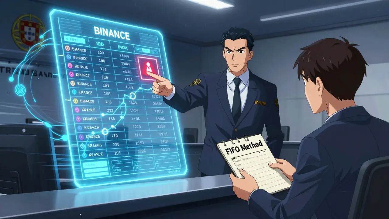 Une scène de tribunal fiscal au Portugal avec un registre holographique de transactions crypto et un agent des impôts pointant une alerte.