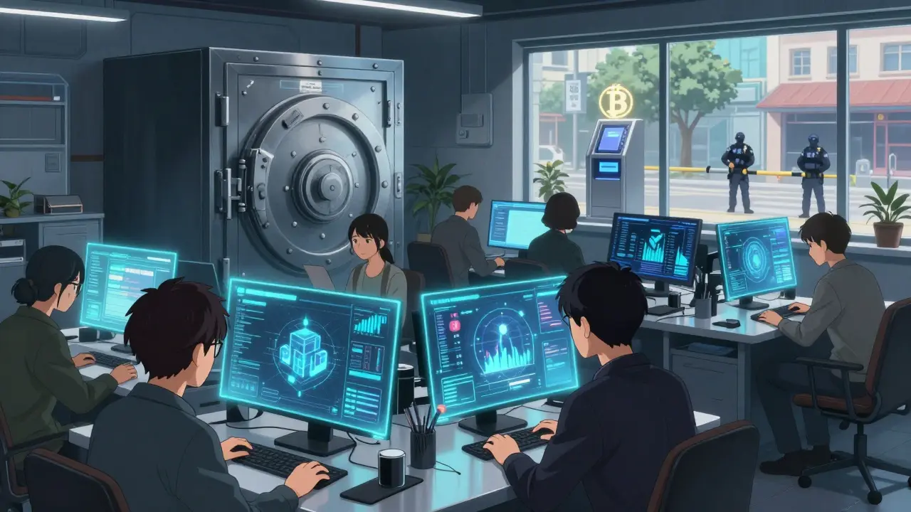 Une startup crypto observe des écrans holographiques, une licence VASP refusée en arrière-plan et un ATM saisi dans la rue.