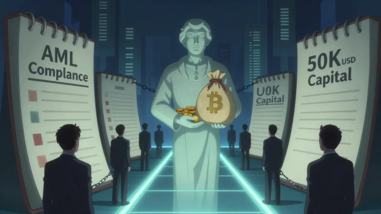 Une statue de citoyen tient des Bitcoin, entourée d'entreprises entravées par des lois de conformité financière.