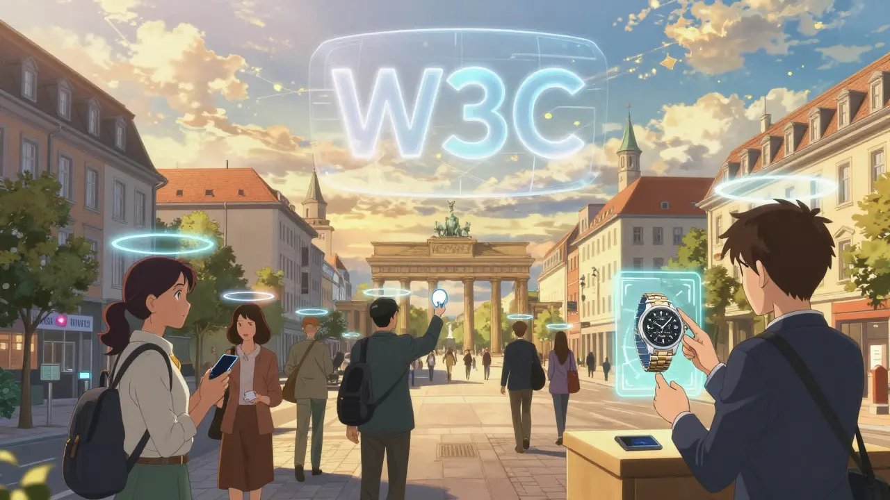 Une ville européenne où les citoyens portent des halos numériques représentant leurs identités NFT.