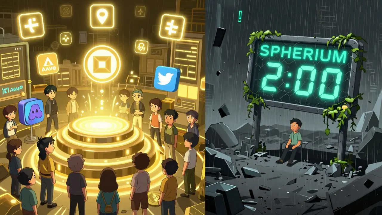 Comparaison entre un écosystème DeFi vivant et un paysage numérique mort où le projet Spherium disparaît dans le silence.