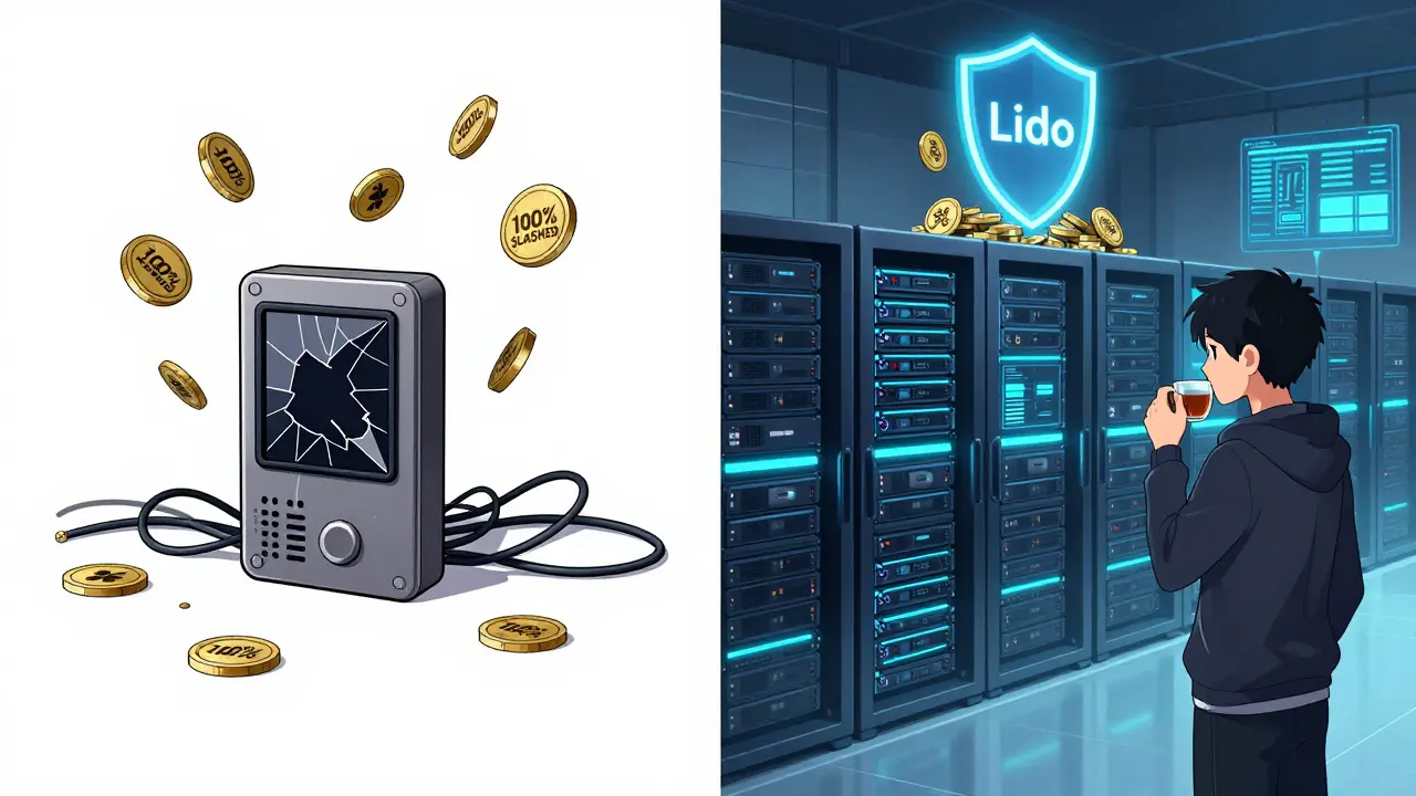 Comparaison entre un staking artisanal en désastre et une infrastructure professionnelle sécurisée, sous un style anime.