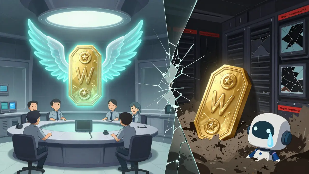 Contraste entre un écosystème WINGS prospère et un projet abandonné, symbolisant le manque de transparence.