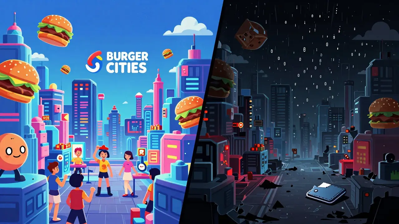 Contraste entre une métropole BurgerCities vivante et une version fantôme détruite de Crypto Burger, en style anime.