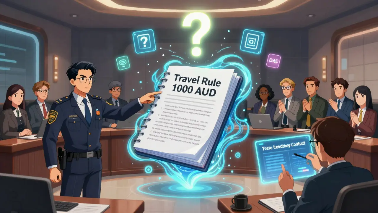 Courtoisie futuriste où un contrat intelligent débat avec des régulateurs et des startups sur la réglementation.