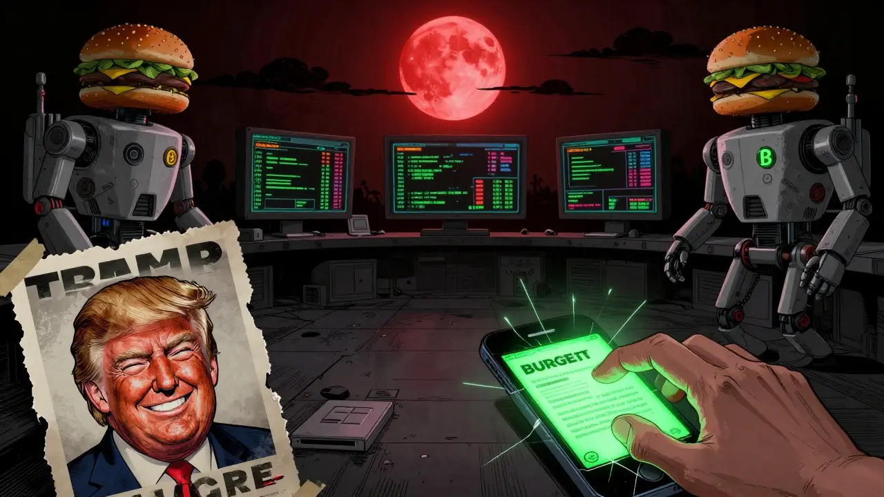 Des bots en forme de hamburgers échangent des jetons vides sous un ciel rouge, avec un poster de Trump qui cligne de l'œil, style anime.