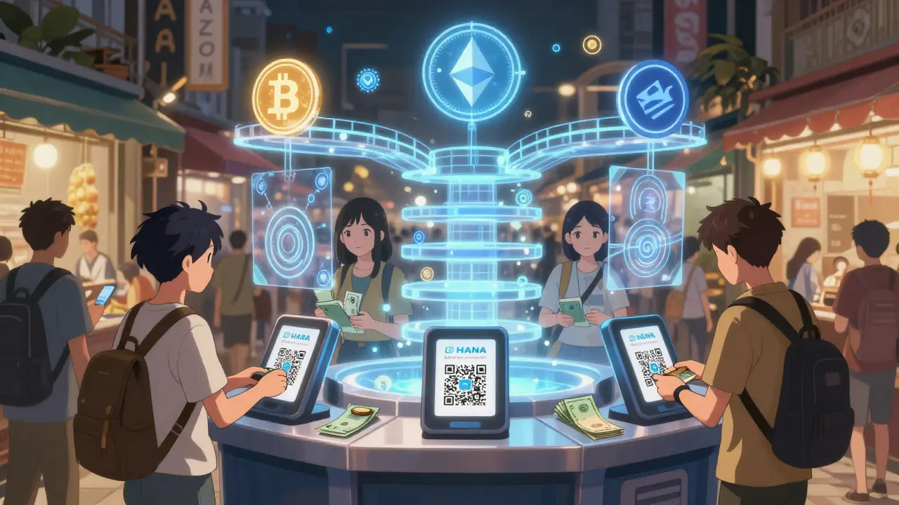 Des utilisateurs échangent des devises contre des HANA sans KYC via une passerelle blockchain, des réseaux cryptos flottent au-dessus d'eux.