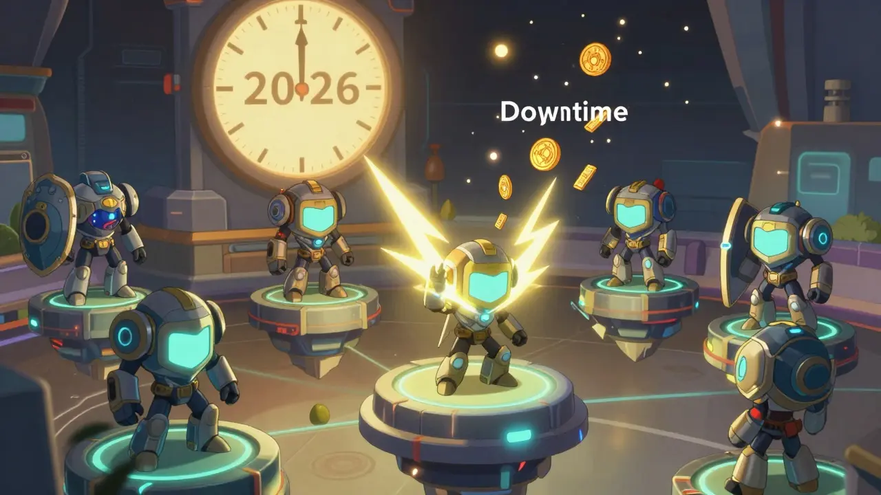 Des validateurs dans un réseau blockchain stylisé, un en pénalité tandis que d'autres sont protégés, avec des pénalités diminuant dans le temps.