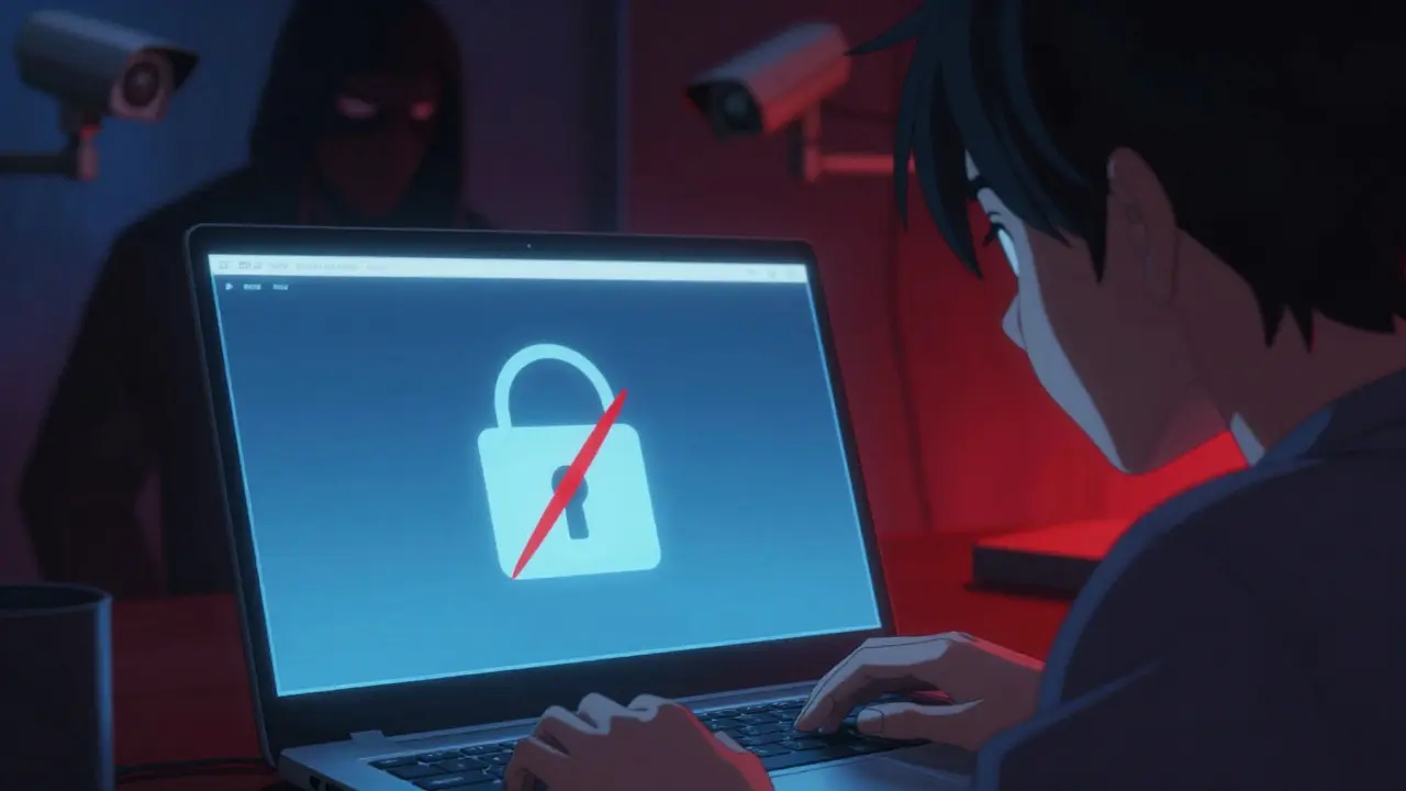 Écran d'ordinateur montrant un portefeuille verrouillé avec une barre rouge, une figure ombragée surveillant.