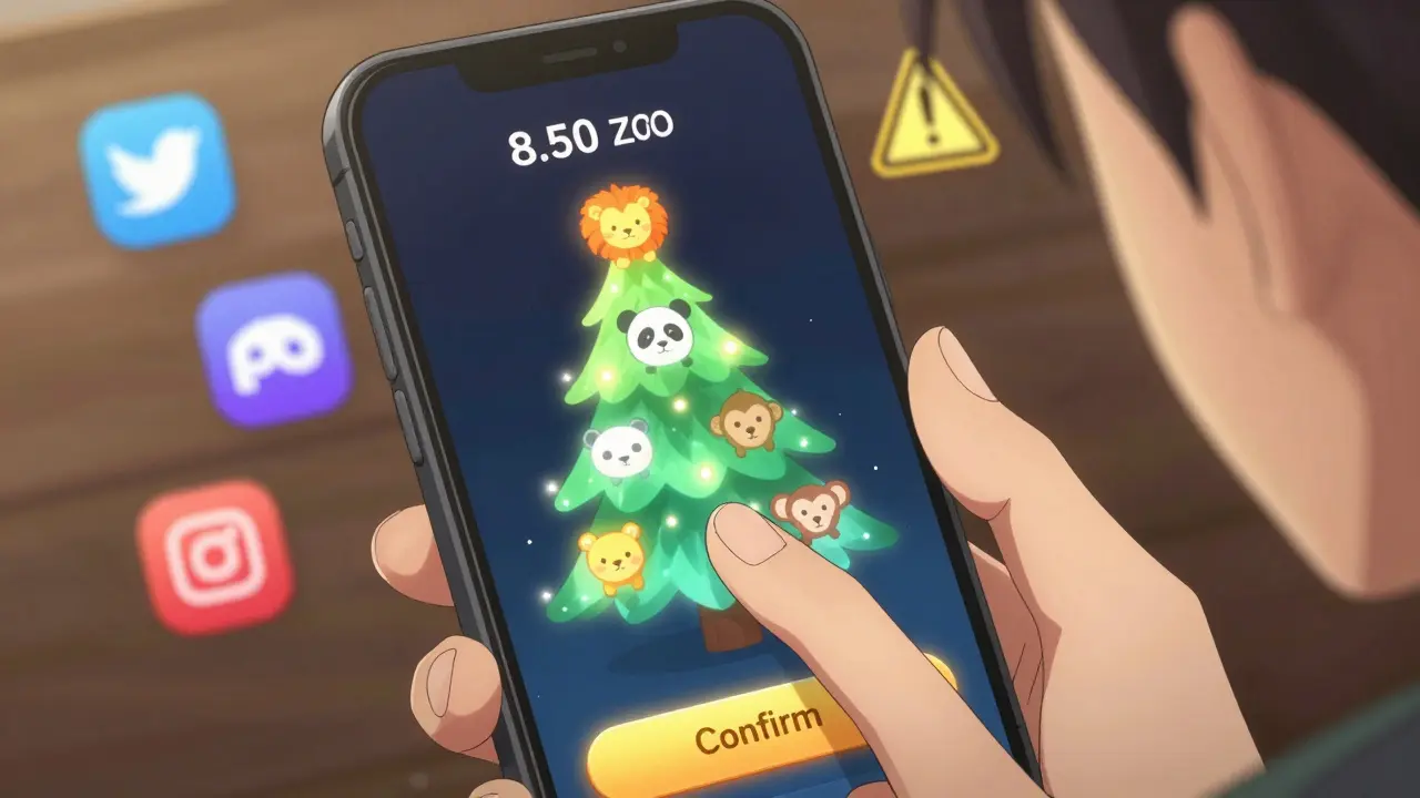Écran de téléphone affichant des jetons ZOO sous forme d'animaux animés sortant d'un arbre de Noël numérique.