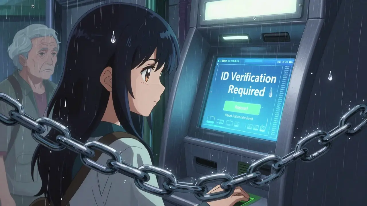 Femme à un distributeur de cryptomonnaie avec vérification d'identité requise et victimes fantômes en arrière-plan.