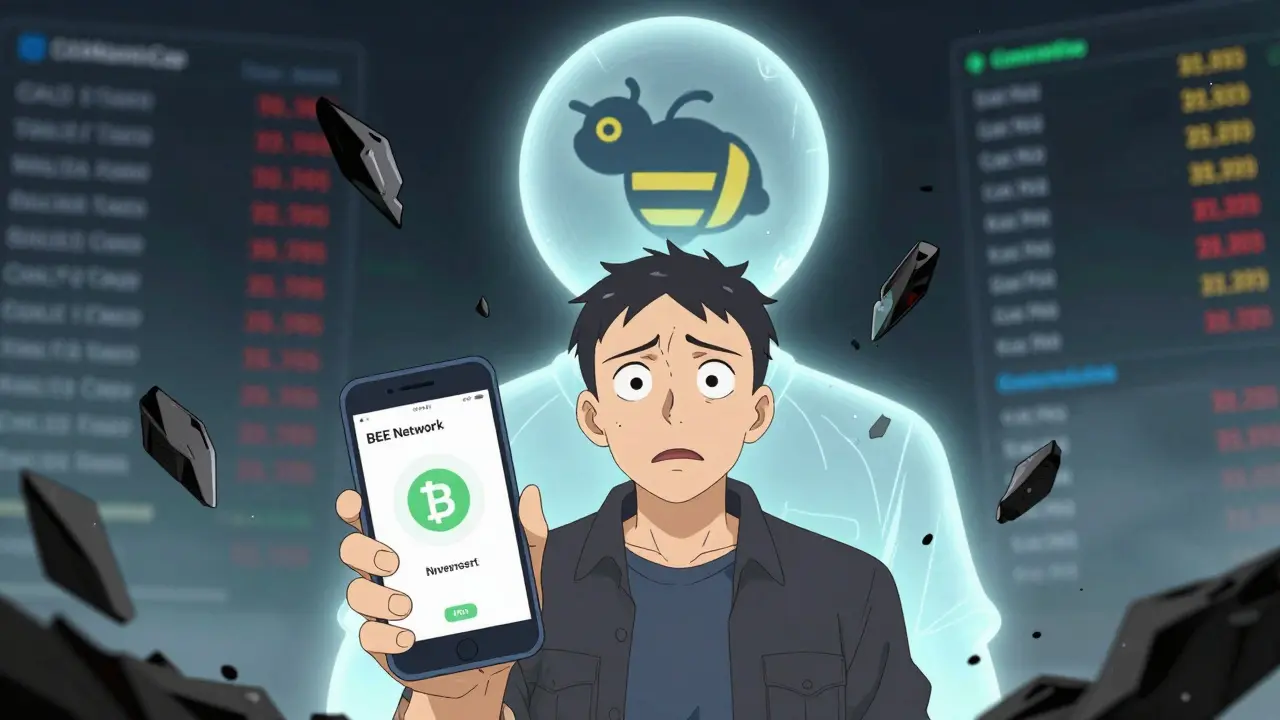 Investisseur confus regardant une app de minage BEE, tandis qu'un fantôme du vrai projet s'effrite derrière lui.