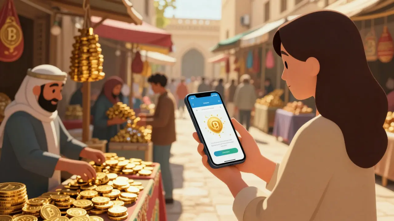 Marché iranien où des vendeurs acceptent des pièces d'or numériques, une femme utilise un portefeuille blockchain.