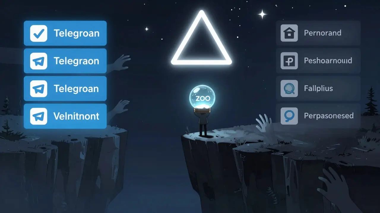 Personnage debout au bord d'une falaise, entre un chemin sûr et un chemin dangereux, tenant un jeton ZOO comme une boule de neige.