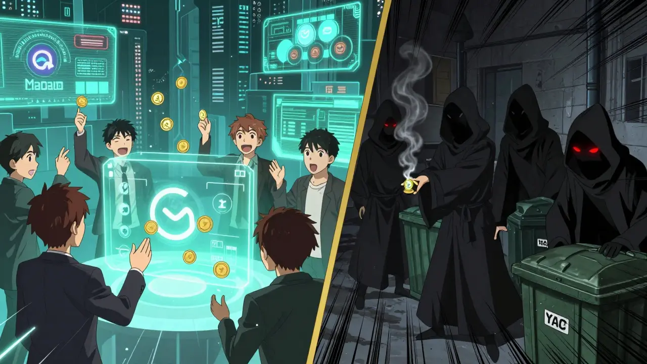 Scène comparant un airdrop légitime à droite et une escroquerie YAE à gauche, dans une ville futuriste.