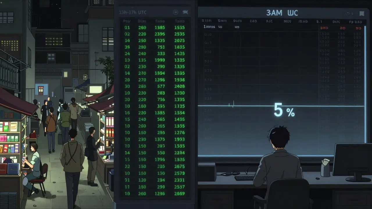 Scène divisée : à gauche, un marché liquide actif avec des transactions rapides ; à droite, un marché mort la nuit, avec un écart bid-ask large et une alerte de slippage.