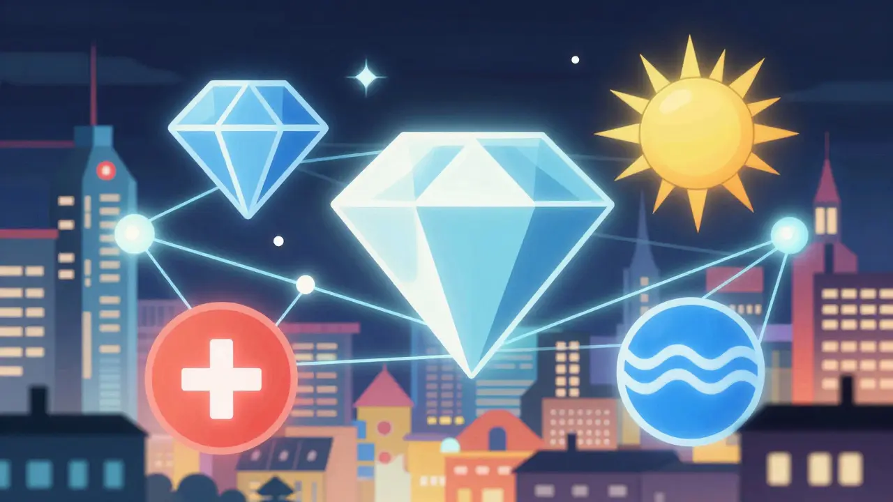 Symboles abstraits de projets blockchain dans une ville suisse futuriste