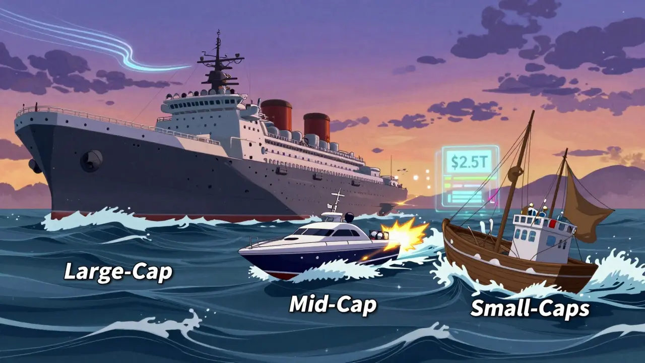 Trois navires symbolisant les grandes, moyennes et petites capitalisations de cryptomonnaies sur une mer numérique.