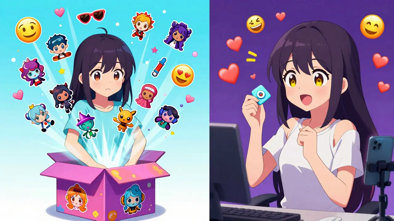 Un adolescent ouvre une capsule numérique qui libère des NFTs colorés, tandis qu'il envoie un pourboire HANA à un streamer en direct.