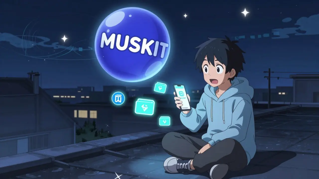 Un adolescent sur un toit regarde un jeton MUSKIT flottant, entouré de logos Solana et d'outils de portefeuille.