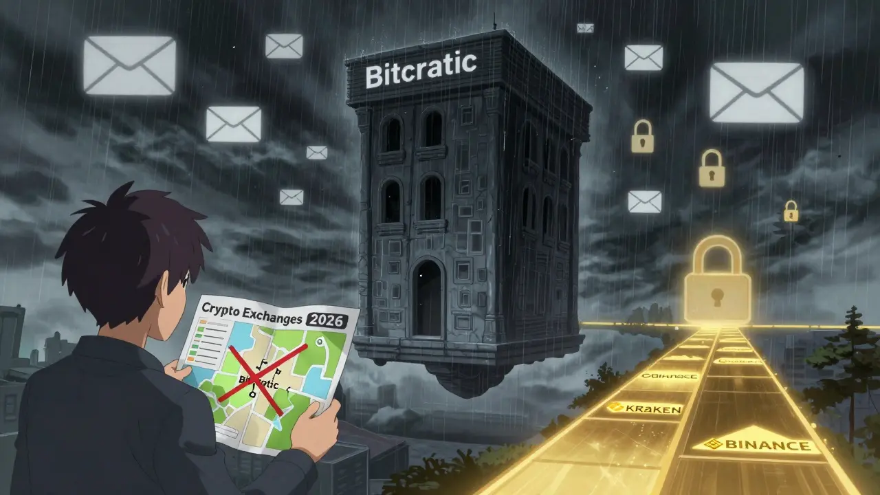 Un bâtiment fantôme sans fenêtres ni portes, flottant dans un ciel numérique orageux, tandis que des échanges fiables brillent au loin.