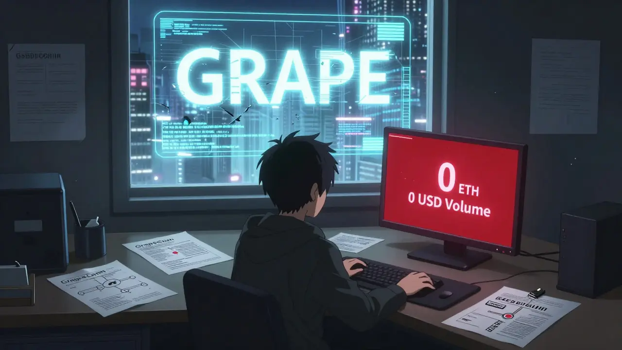 Un bureau vide avec des papiers GRAPE et un écran affichant un volume de trading à zéro.