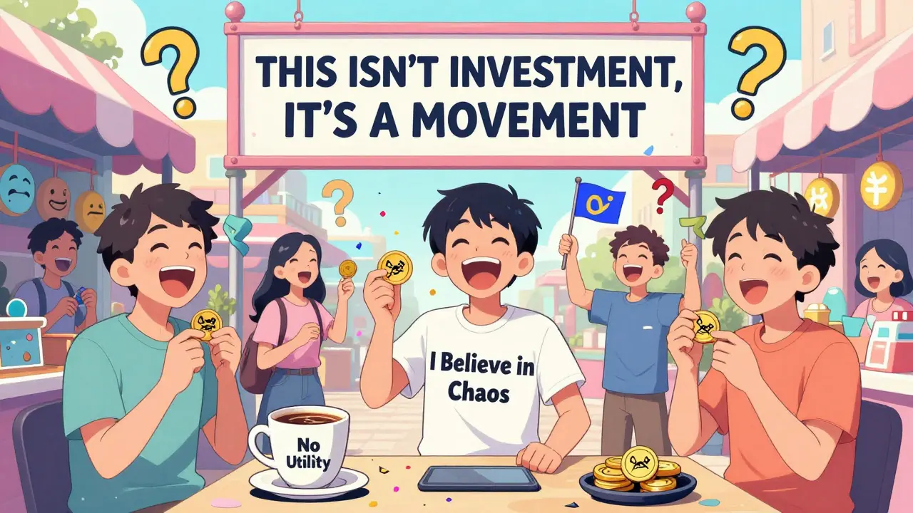 Un marché absurde où des gens échangent des jetons MUSKIT contre des objets sans utilité, dans un style anime coloré.