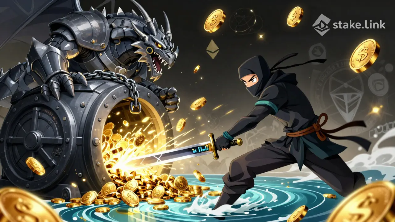 Un ninja libère des jetons liquides en brisant une cage de staking immobilisé, sous un ciel de tokens DeFi.