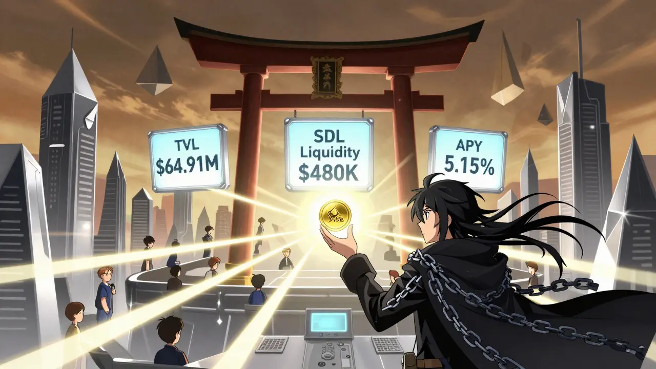 Un personnage anime tient un jeton SDL devant un tableau affichant TVL, liquidité et APY d'une plateforme DeFi.