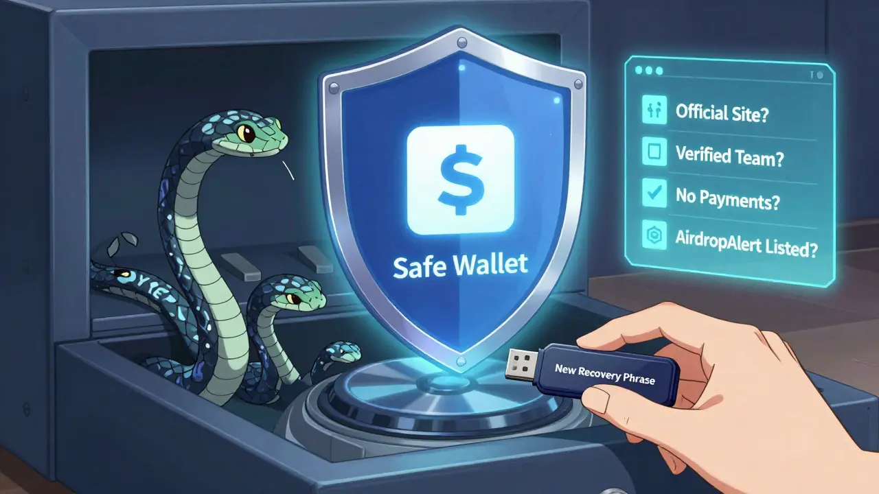 Un portefeuille sécurisé repoussant des serpents de code malveillant, avec une checklist de sécurité en arrière-plan.