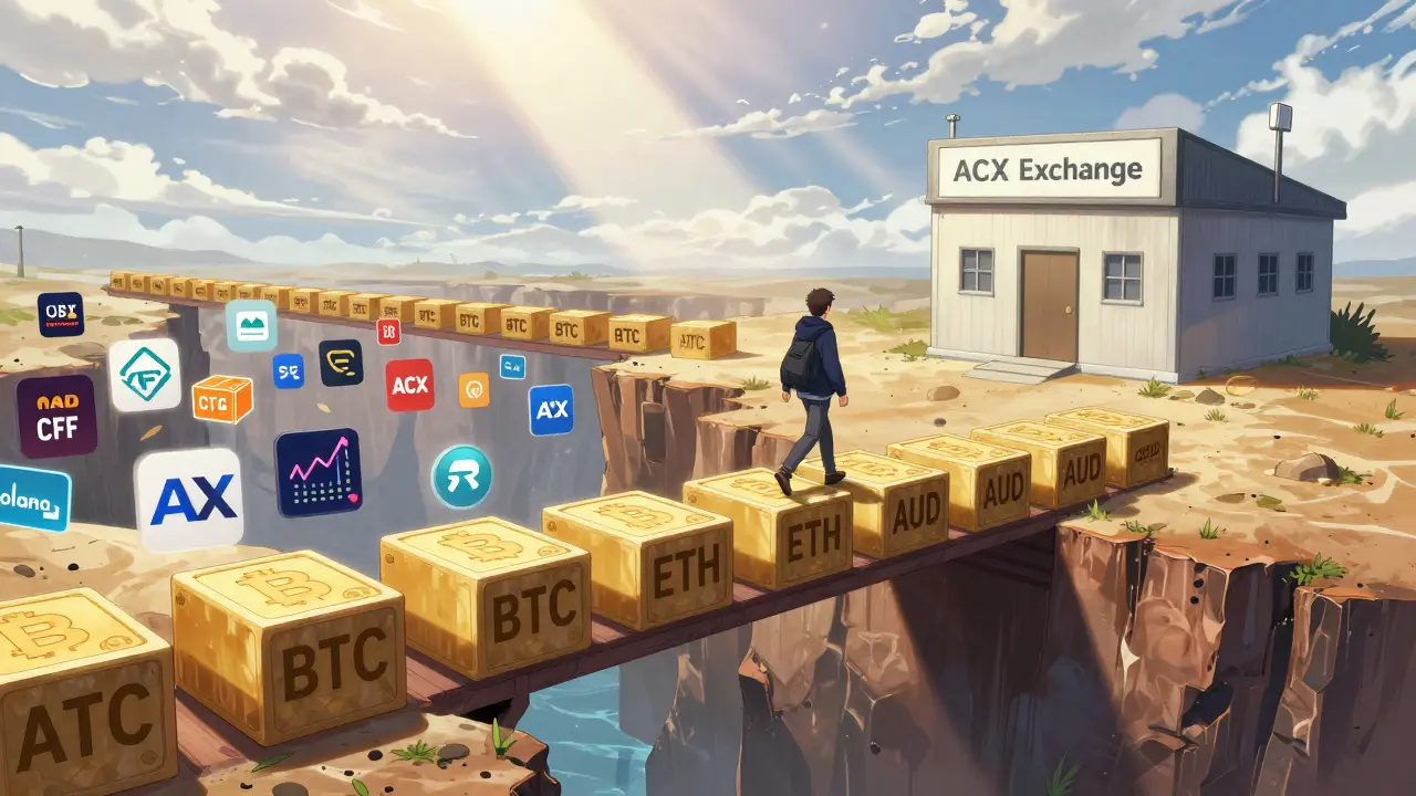 Un voyageur traverse un pont blockchain vers ACX Exchange, évitant les pièges des faux projets ACX.