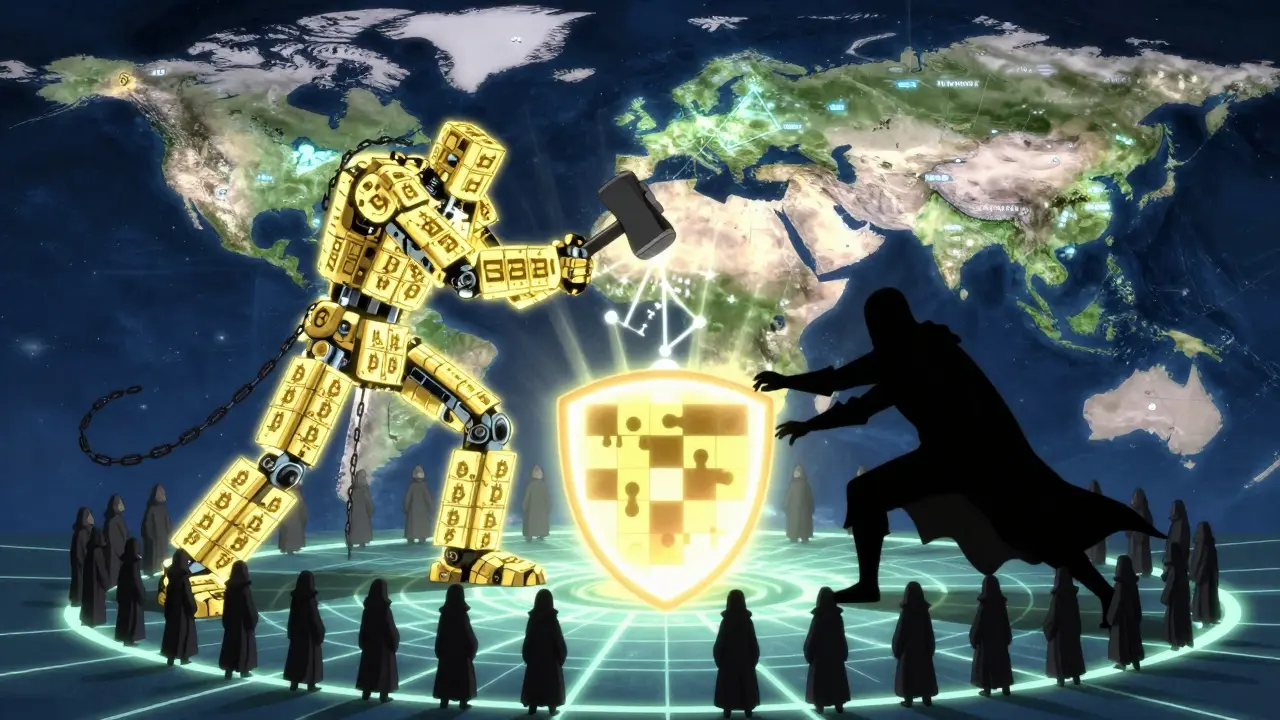 Une bataille symbolique entre un robot ASIC et une force de centralisation, entourée de mineurs unis et de réseaux d'énergie mondial.