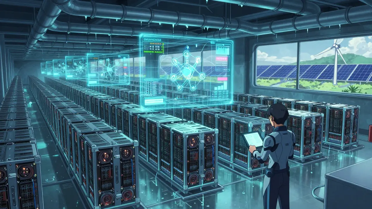 Une ferme de minage souterraine avec des ASICs alignés, des tuyaux de refroidissement et des hologrammes affichant la difficulté du réseau.