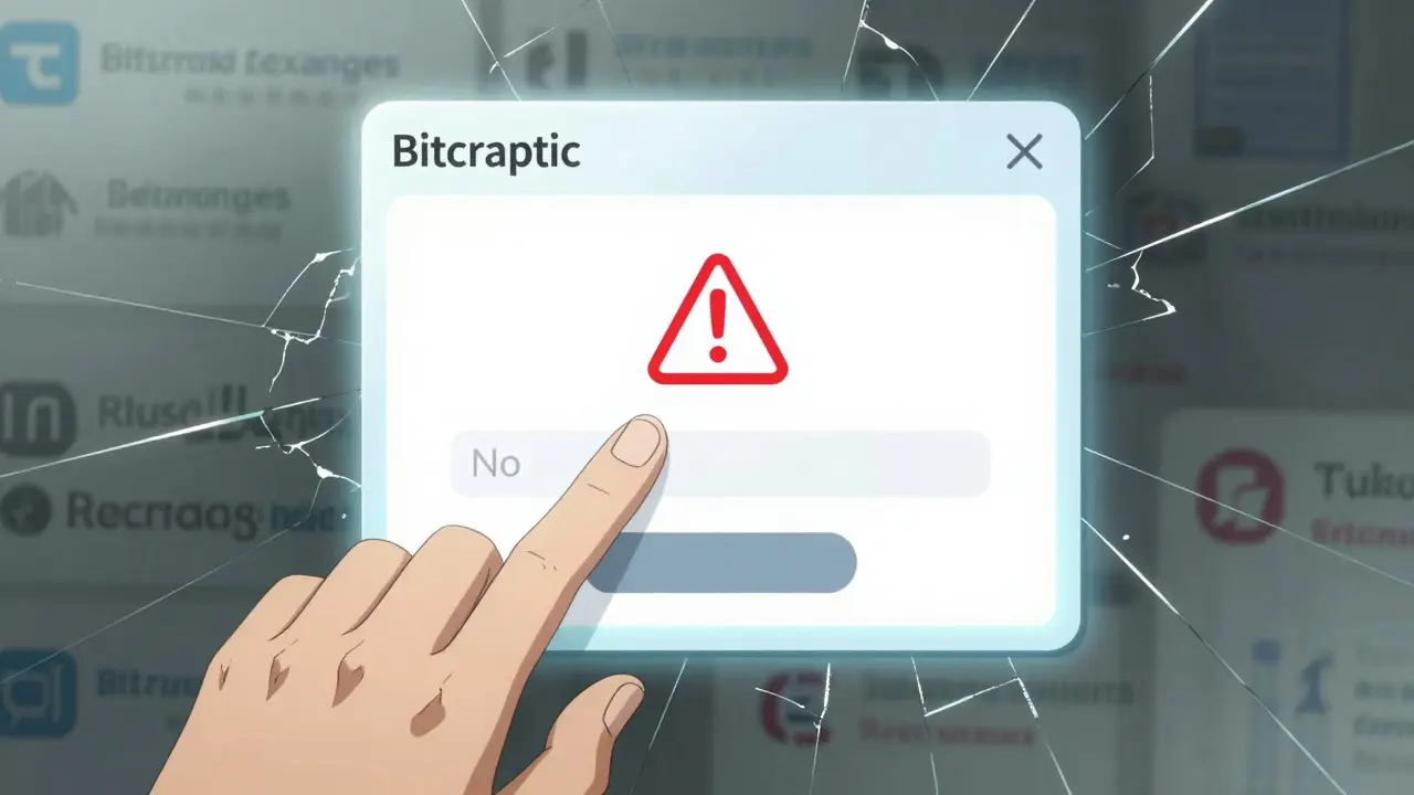 Une main au-dessus d'un écran vierge de Bitcratic, entouré de symboles d'avertissement et d'échanges fiables brisés.