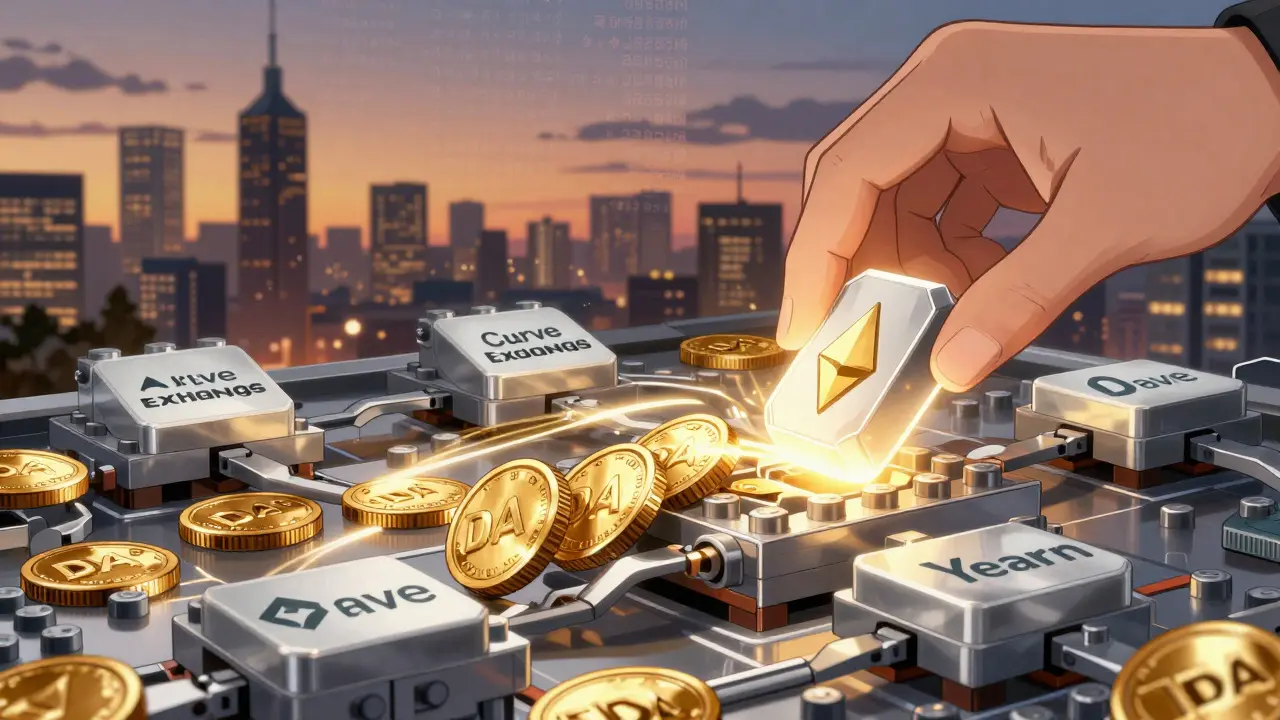 Une main place un bloc ETH dans MakerDAO, déclenchant un flux de DAI vers des protocoles interconnectés.