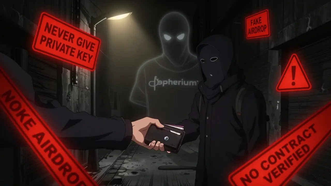 Une personne remet son portefeuille à une ombre, entourée de warnings contre les arnaques d'airdrop SPHRI.