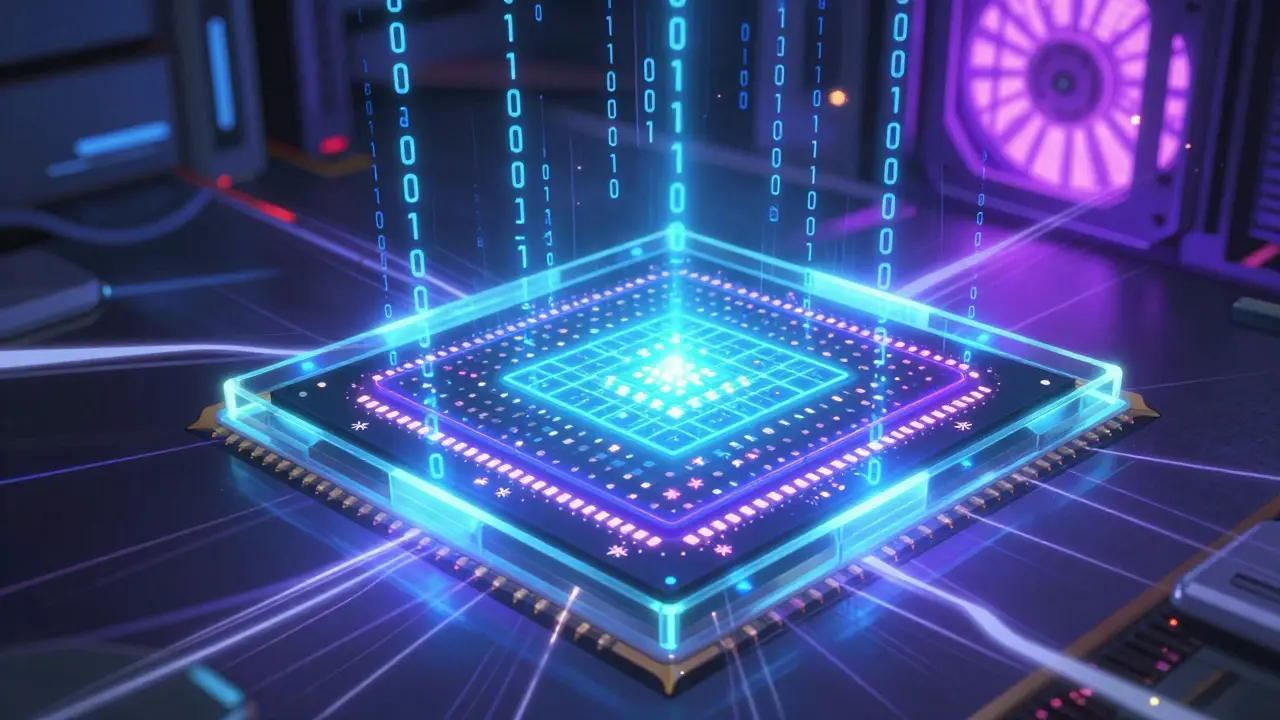 Une puce ASIC ultra-détailée avec des transistors lumineux et du code binaire tombant comme de la pluie, contrastant avec une GPU en panne.