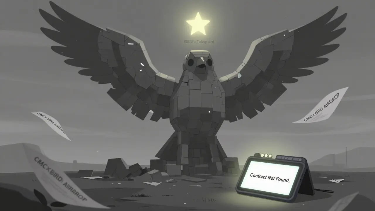 Une statue d'oiseau en blocs blockchain en ruine, entourée de flyers d'airdrop falsifiés, dans un désert numérique.