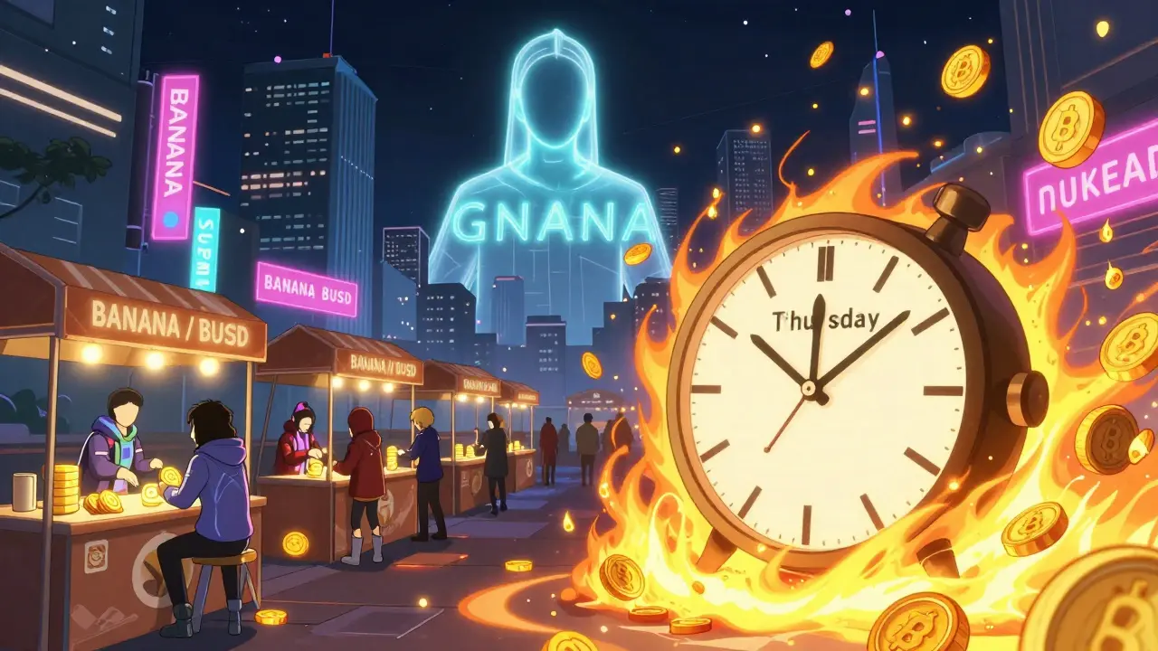 Une ville DeFi nocturne avec des jetons BANANA en feu lors d'une brûlure hebdomadaire, sous une aura GNANA brillante.