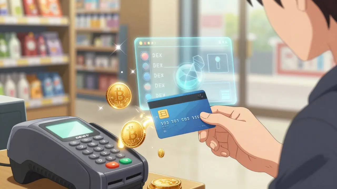 Utilisation d'une carte crypto dans un magasin avec interface DEX holographique.