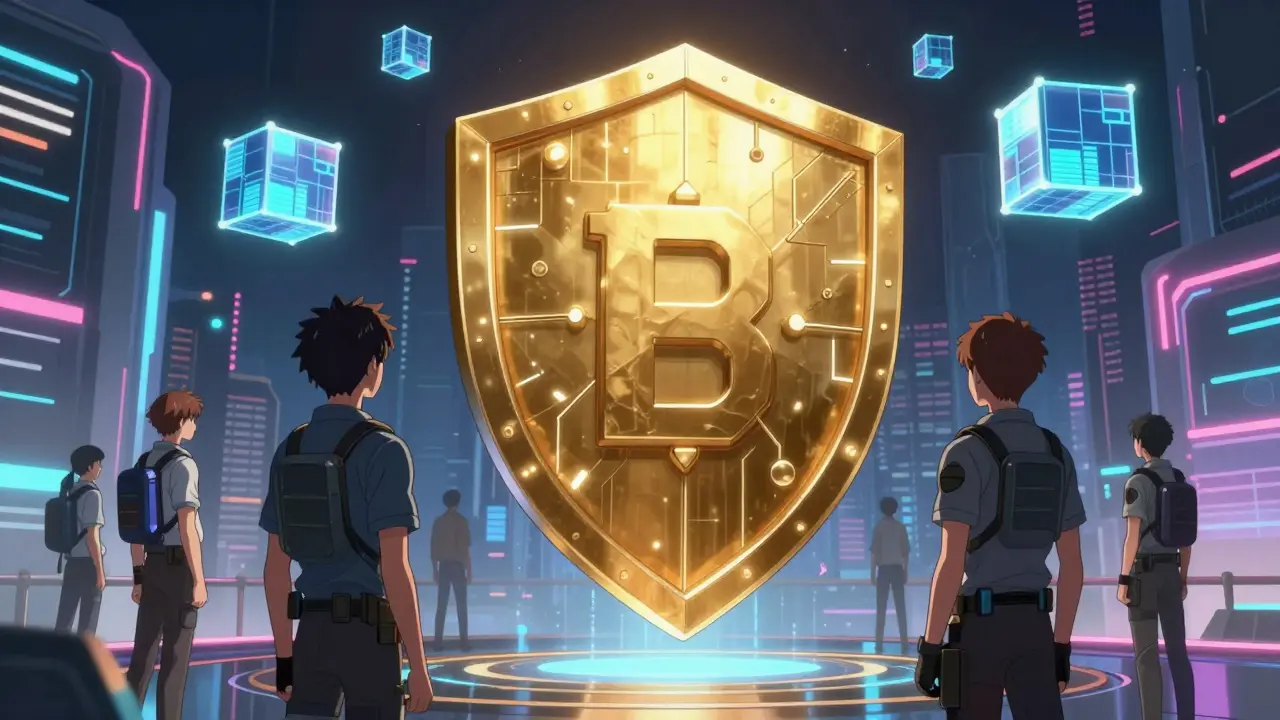 Bouclier doré protégeant des données dans une ville cybernétique.