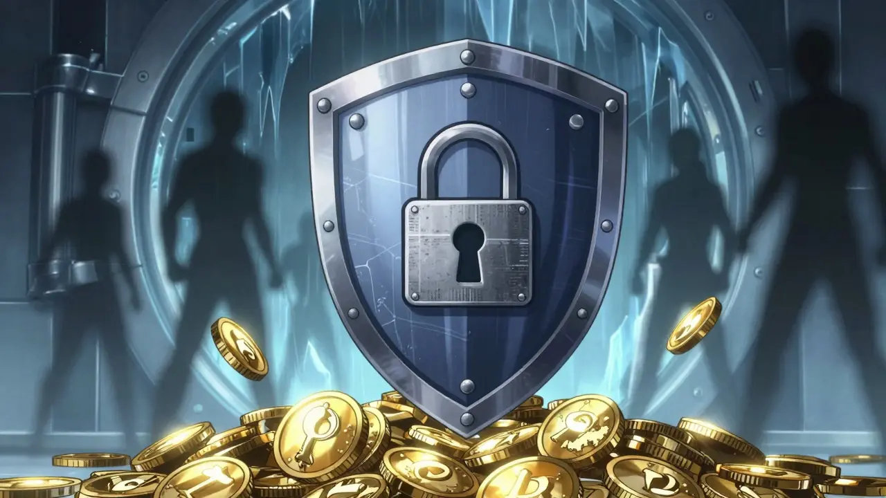 Coffre-fort numérique protégeant des cryptomonnaies avec une ombre menaçante.