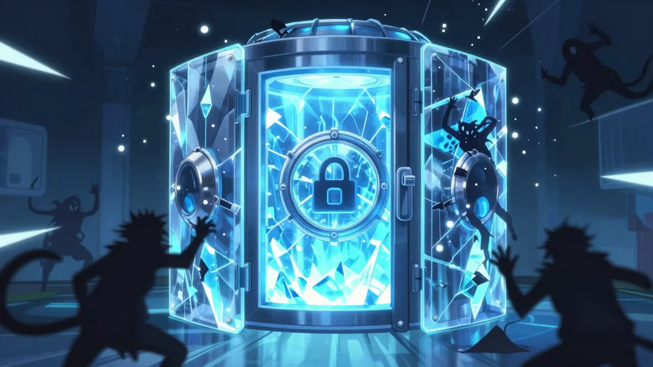 Coffre numérique bleu protégé par des boucliers contre des ombres hostiles.