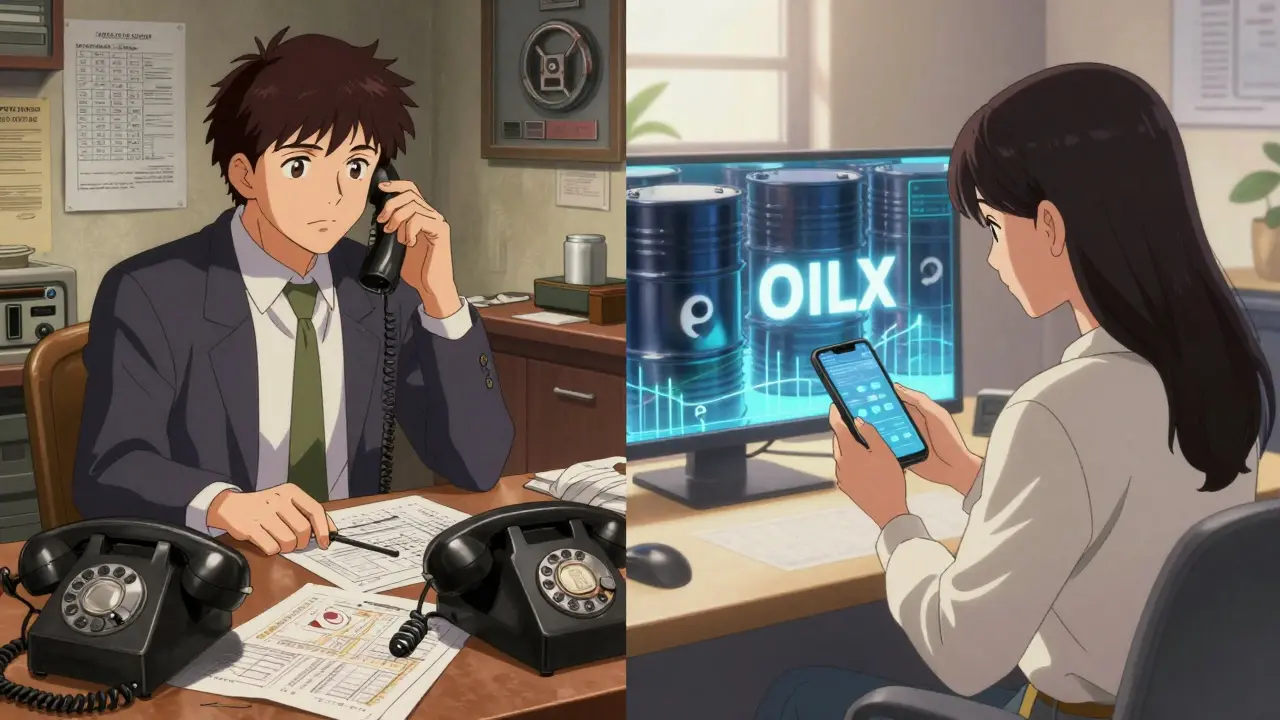 Comparaison anime : un trader traditionnel vs un utilisateur moderne échangeant des jetons OILX sur son smartphone.