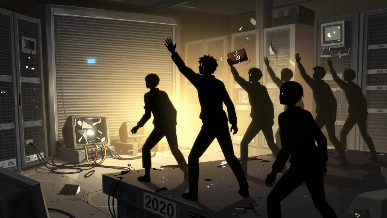 Des utilisateurs désespérés face à un serveur fermé, tandis que d'autres échanges brillent au loin.