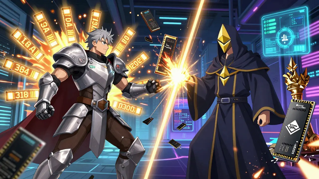 Deux guerriers validateurs en combat : Solana avec 384 Go de RAM contre Ethereum avec un thread unique, dans un style anime stylisé.