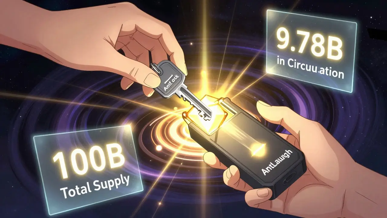 Deux mains tenant une clé AntLock et un launchpad AntLaunch, libérant une lumière dorée dans un fond blockchain.